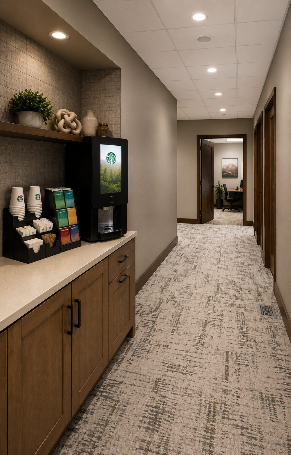 Premium Starbucks coffee bar and hallway leading to private offices