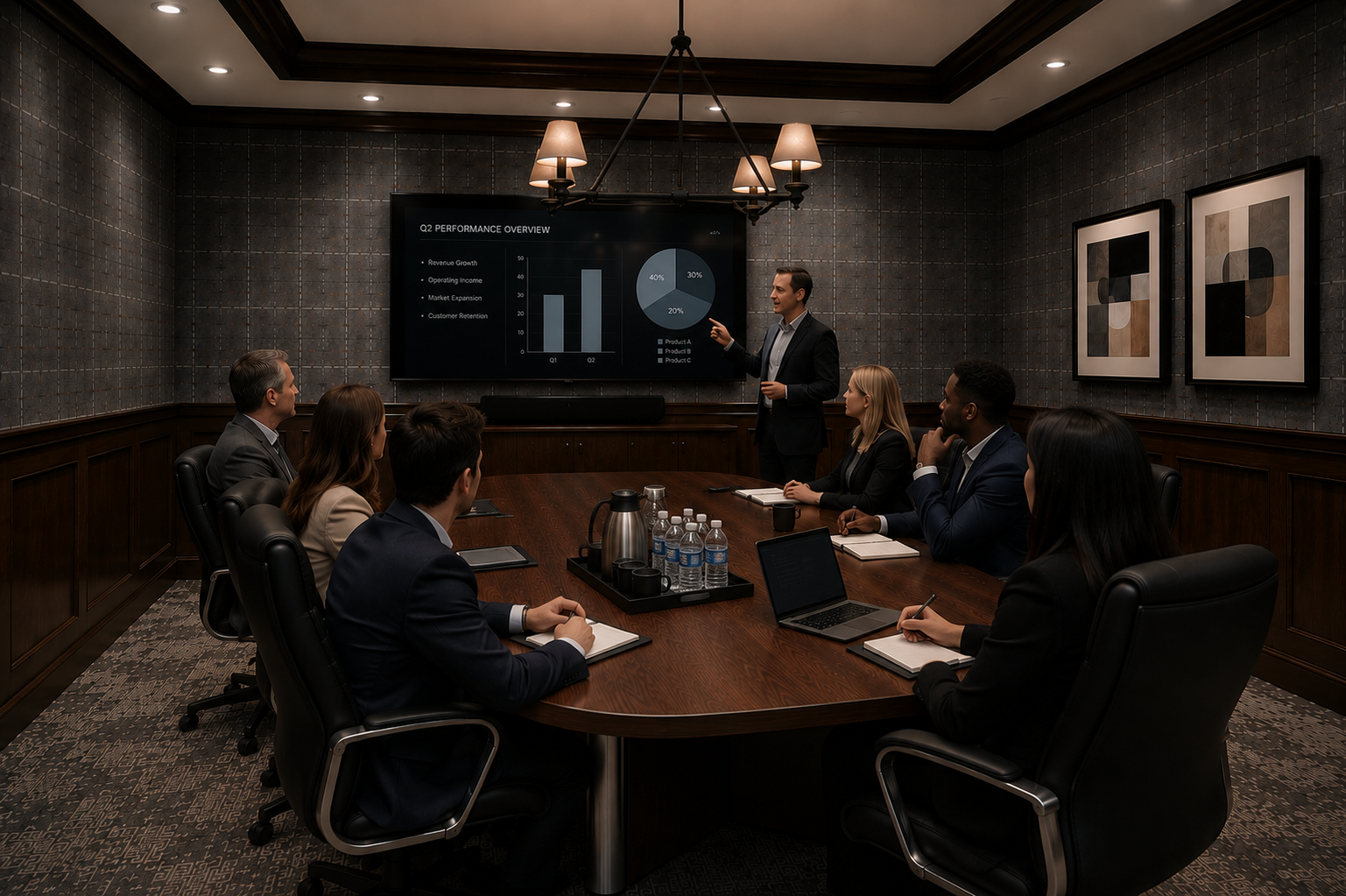 Executive conference room with team presentation in progress