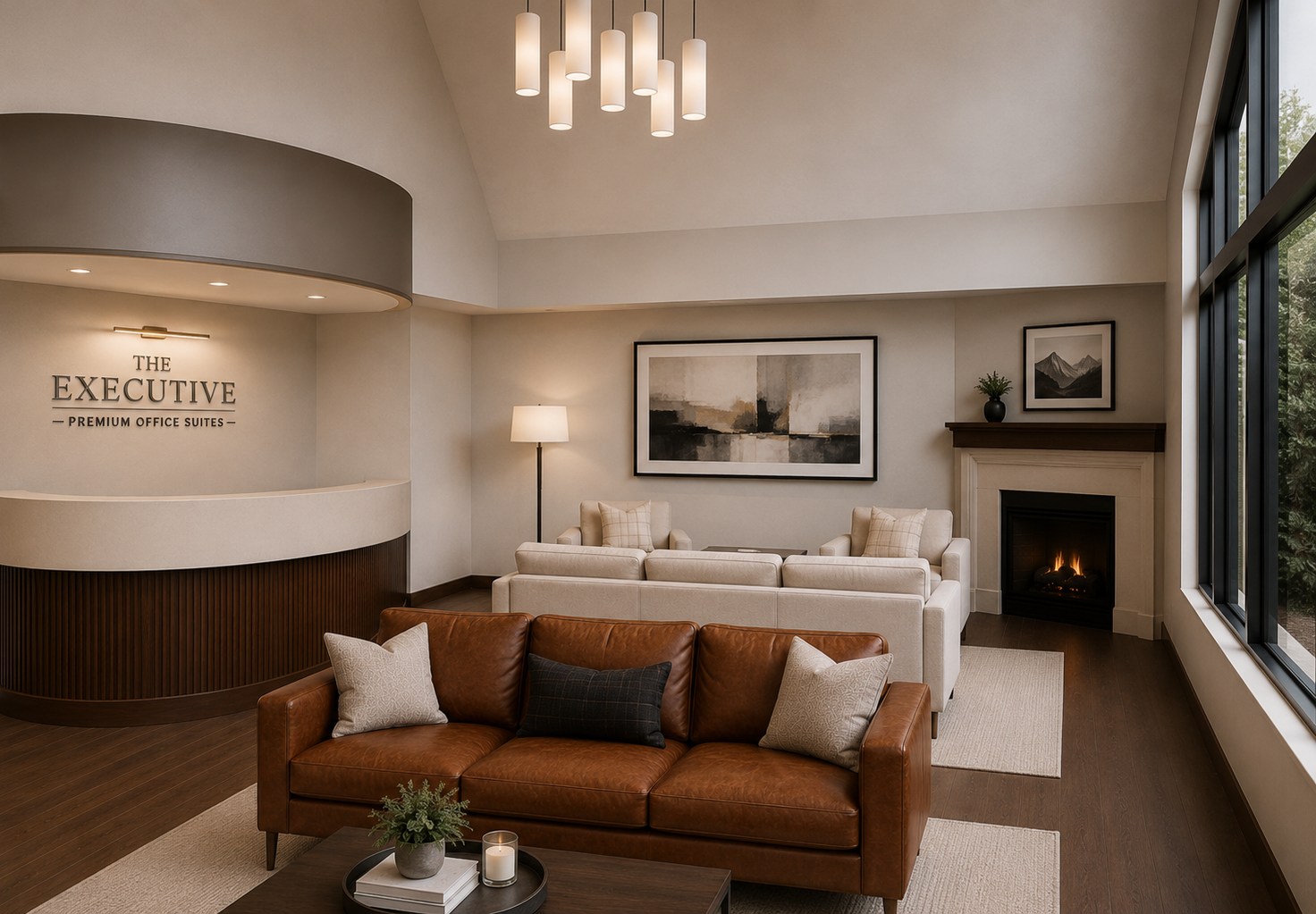 Furnished executive lobby at The Executive — reception desk, seating area, and fireplace