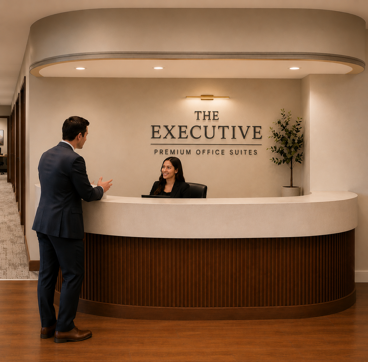 Professional receptionist greeting a client at The Executive front desk