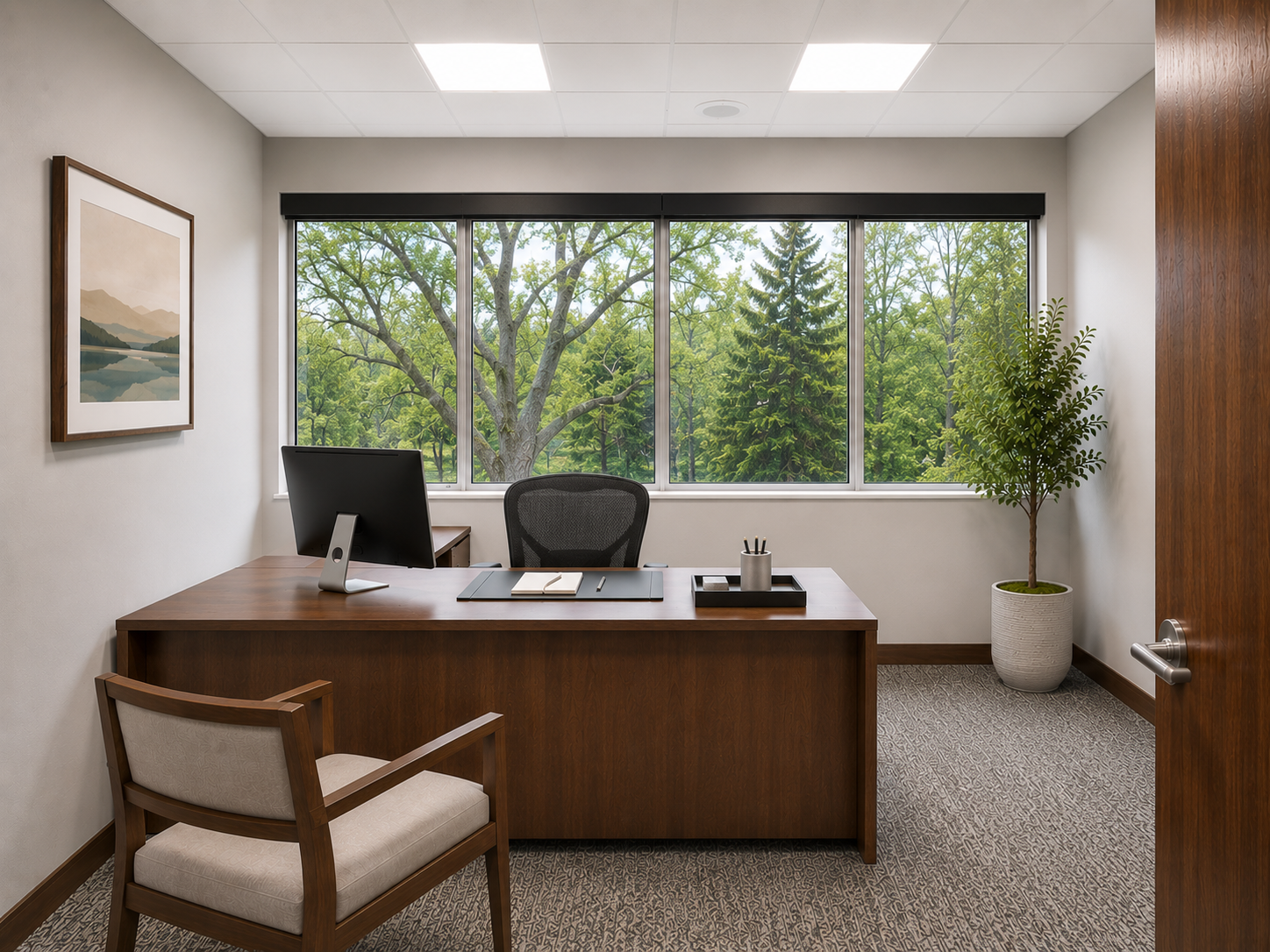 Furnished executive private office with natural light