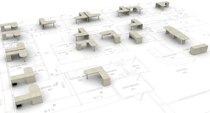 3D floor plan rendering showing single-occupant office suite configurations