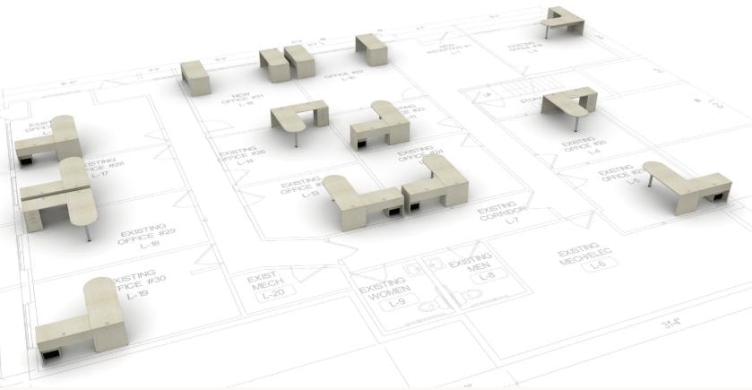 3D floor plan rendering showing shared and multi-occupant office suite configurations